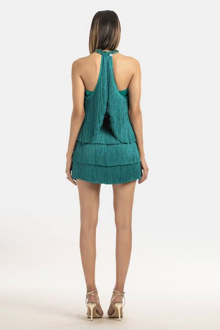 Buy Green Satin Fringe Mini Skirt For Women by 431-88 by Shweta