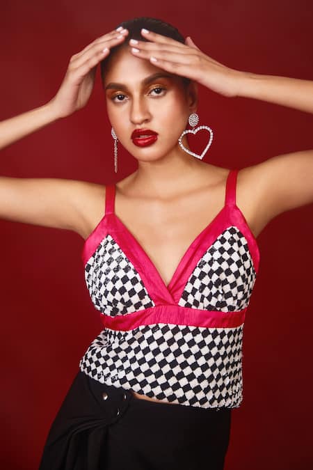 Shop_Nandita Thirani_White Georgette And Satin Embroidery Sequin V Checkered Top & Skirt Set  _at_Aza_Fashions