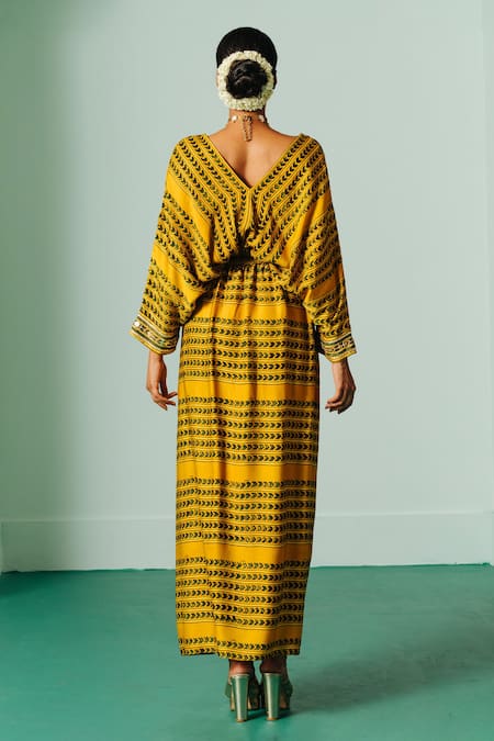 Shop_Prahnaaya_Yellow Satin Sequins, Zari V-neck Hand Block Print Crop Top And Cowl Skirt Set _at_Aza_Fashions