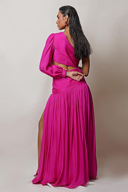 Shop Pinup By Astha Pink Chiffon, Crepe Pearls One Shoulder Waist Cutout Gown at Aza Fashions Shop_Pinup By Astha_Pink Chiffon, Crepe Pearls One Shoulder Waist Cutout Gown _at_Aza_Fashions