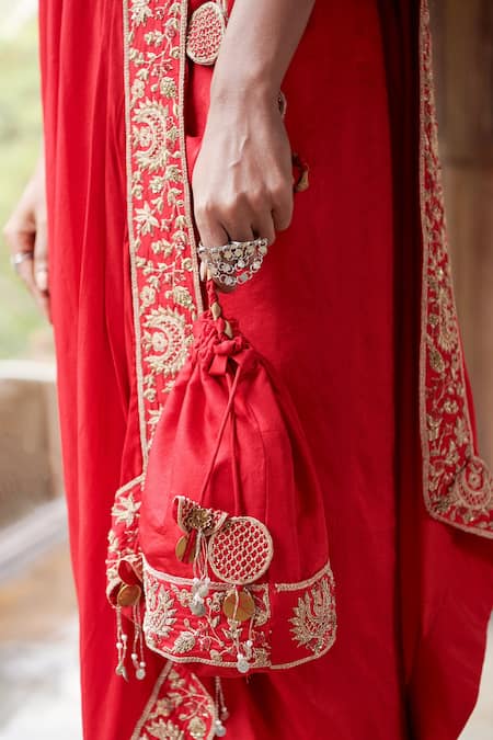 Shop_Pink City By Sarika_Red Silk Embroidery, Tassels, Zari Round Neck Zardozi Pre-draped Saree Set _at_Aza_Fashions