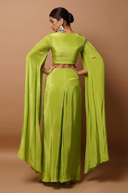 Shop_Ahi Clothing_Green Crepe Mirrors, Beads V-neck Embroidered Bustier And Draped Skirt Set _at_Aza_Fashions