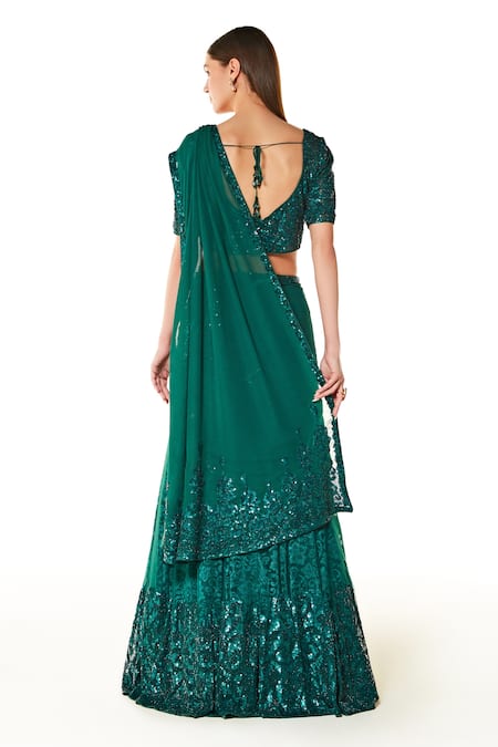 Shop Rabani & Rakha Green Net, Georgette Sequins Round Adha Embroidered Lehenga Saree With Blouse at Aza Fashions Shop_Rabani & Rakha_Green Net, Georgette Sequins Round Adha Embroidered Lehenga Saree With Blouse _at_Aza_Fashions