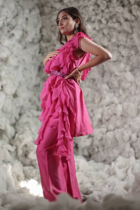 Shop Negra Elegante Pink Organza, Chanderi Round Ruffle Top And Pant Set at Aza Fashions Shop_Negra Elegante_Pink Organza, Chanderi Round Ruffle Top And Pant Set_at_Aza_Fashions
