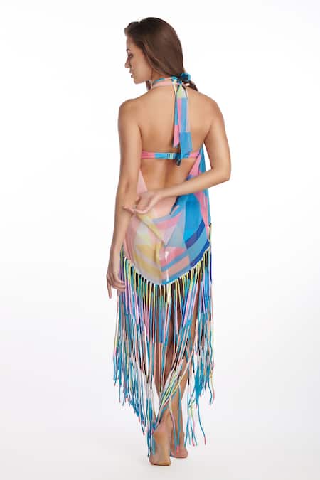 Shop Kai Resortwear Blue Georgette Fringe Halter Neck Pop Cape at Aza Fashions Shop_Kai Resortwear_Blue Georgette Fringe Halter Neck Pop Cape _at_Aza_Fashions