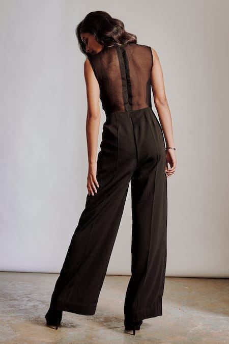 Shop Pocket Stories Black Microfiber Sequins, Beads Round Neck Embroidered Wide Leg Jumpsuit at Aza Fashions Shop_Pocket Stories_Black Microfiber Sequins, Beads Round Neck Embroidered Wide Leg Jumpsuit _at_Aza_Fashions