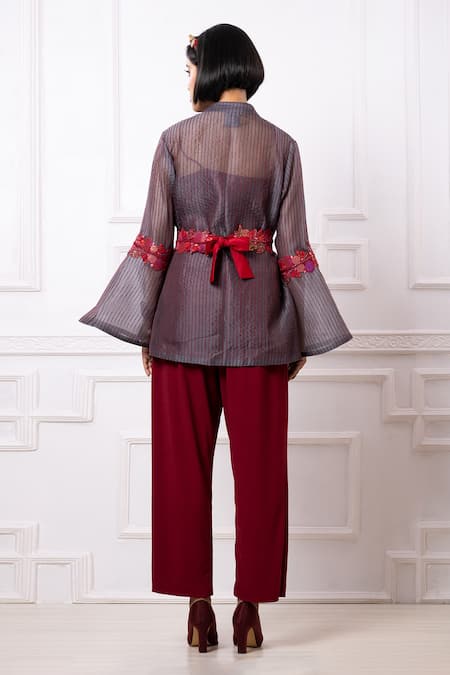 Shop Megha Garg Maroon Lycr Organza Stripe Sequin Jacket Mandarin Collar Pattern Pant Set at Aza Fashions Shop_Megha Garg_Maroon Lycr Organza Stripe Sequin Jacket Mandarin Collar Pattern Pant Set _at_Aza_Fashions