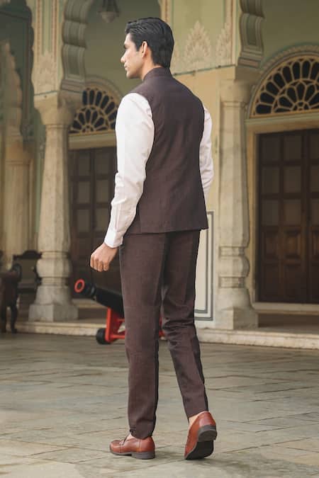 Shop_Raw & Rustic By Niti Bothra_Brown Linen Bundi And Pant Set _at_Aza_Fashions