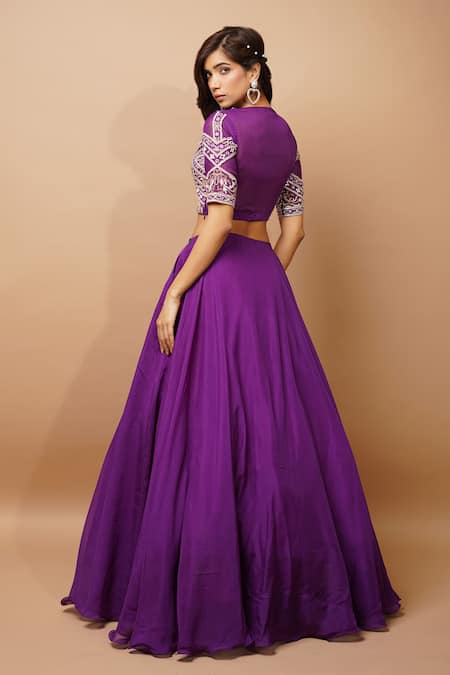 Shop_Ahi Clothing_Purple Organza, Cotton Beads, Cut Embroidered Blouse And Circular Lehenga Set _at_Aza_Fashions