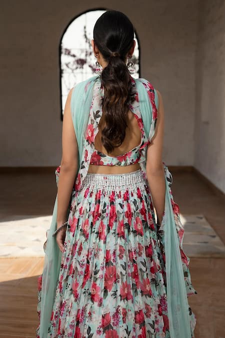 Shop_Basanti - Kapde Aur Koffee_Green Viscose, Organza Pearls, Sequins Floral And Leaf Print Lehenga Set _at_Aza_Fashions