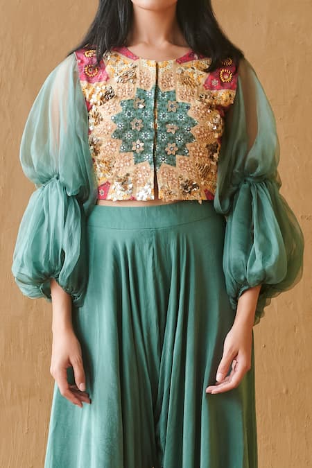 Shop Studio Radical Green Silk Satin, Crepe Sequins, Embroidery Round Marrakech Print Top And Pant Set at Aza Fashions Shop_Studio Radical_Green Silk Satin, Crepe Sequins, Embroidery Round Marrakech Print Top And Pant Set _at_Aza_Fashions