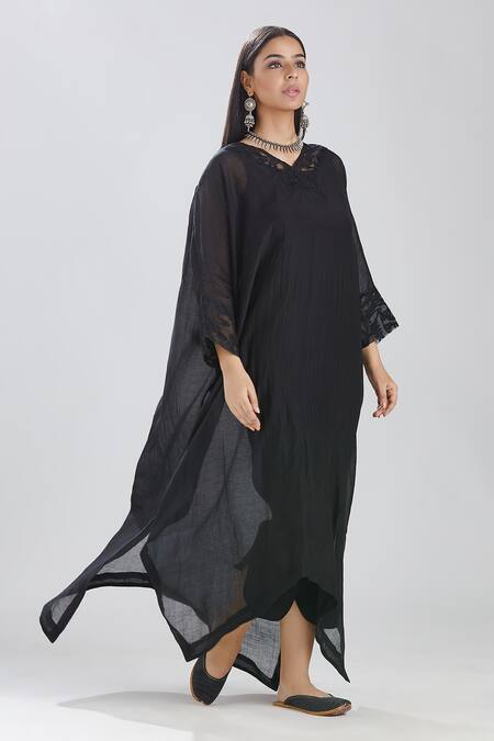 Shop Megha Bansal Black Organza, Chanderi Floral Pattern V Ambreen Kaftan And Pant Set at Aza Fashions Shop_Megha Bansal_Black Organza, Chanderi Floral Pattern V Ambreen Kaftan And Pant Set _at_Aza_Fashions