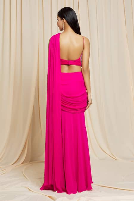 Shop Izzumi Mehta Pink Georgette Floral Plunge V Neck Embroidered Pre-stitched Saree With Blouse at Aza Fashions Shop_Izzumi Mehta_Pink Georgette Floral Plunge V Neck Embroidered Pre-stitched Saree With Blouse _at_Aza_Fashions