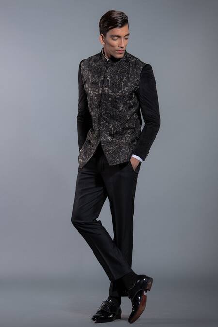 Shop More Mischief Black Velvet, Wool Embroidery Floral Bandhgala at Aza Fashions Shop_More Mischief_Black Velvet, Wool Embroidery Floral Bandhgala_at_Aza_Fashions