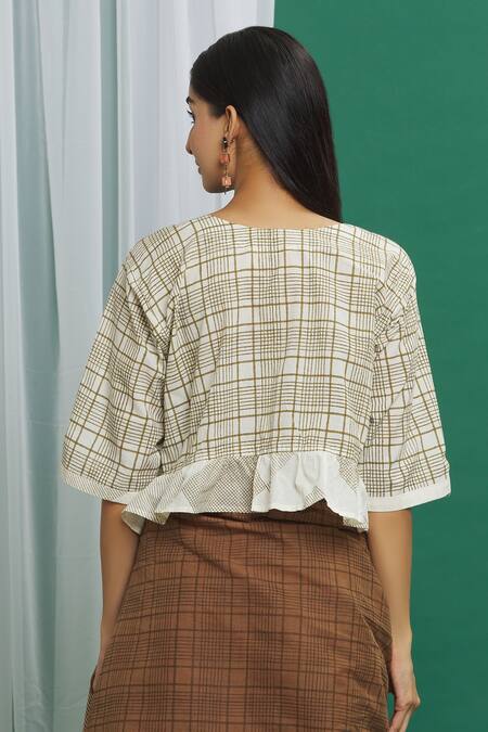 Shop Banana Labs Brown Cotton Print Check Round Neck Pattern Ruffle Trim Crop Top at Aza Fashions Shop_Banana Labs_Brown Cotton Print Check Round Neck Pattern Ruffle Trim Crop Top_at_Aza_Fashions