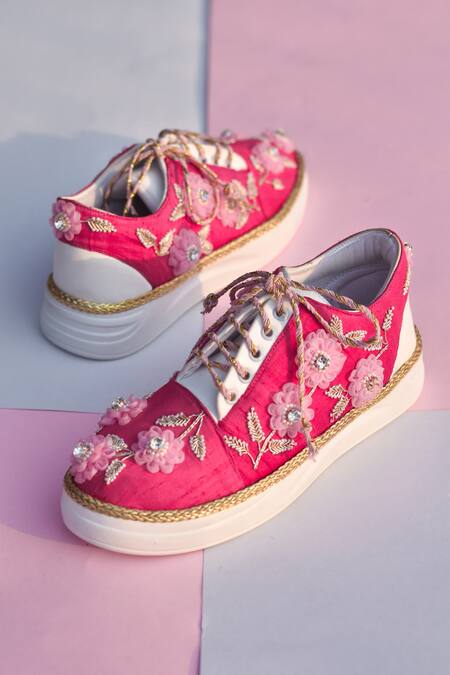Around Always Pink Carina Floral Bead Embroidered Sneakers Online at Aza Fashions Around Always_Pink Carina Floral Bead Embroidered Sneakers _Online_at_Aza_Fashions