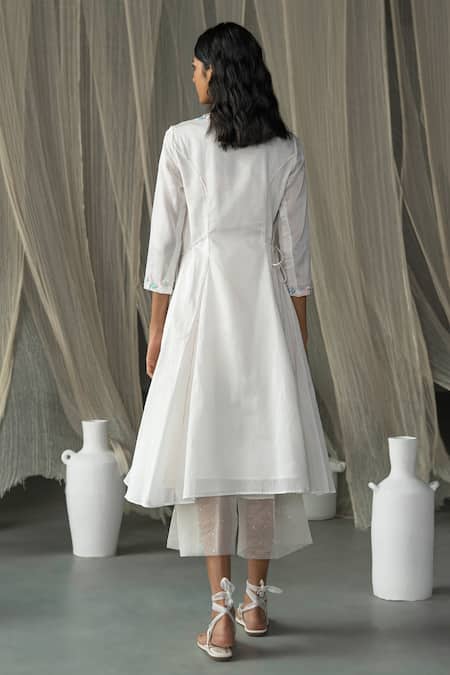 Shop_Zoon_Off White , Cotton, Organza Placed Aari Embellished Anarkali Pant Set _at_Aza_Fashions