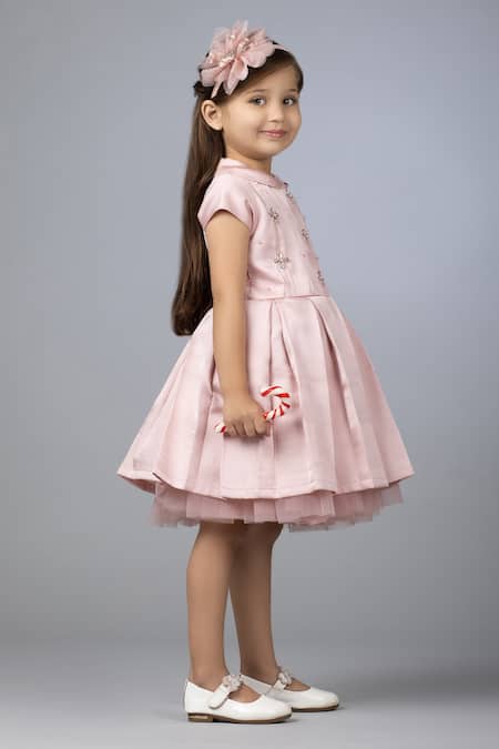 Shop Darleen Kids Couture Pink Silk, Net Stones, Pearls Dollcake Vintage Dress at Aza Fashions Shop_Darleen Kids Couture_Pink Silk, Net Stones, Pearls Dollcake Vintage Dress _at_Aza_Fashions