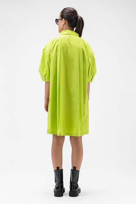 Shop Genes Lecoanet Hemant Green Cotton Embroidery Asymmetric Collar A-line Dress at Aza Fashions Shop_Genes Lecoanet Hemant_Green Cotton Embroidery Asymmetric Collar A-line Dress_at_Aza_Fashions