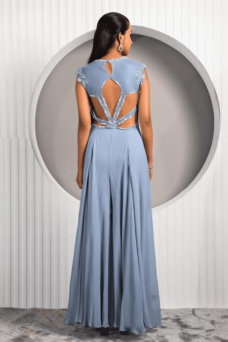 Shop Jade By Ashima Blue Georgette Embroidery Square Neck Nettle Bodice Jumpsuit at Aza Fashions Shop_Jade By Ashima_Blue Georgette Embroidery Square Neck Nettle Bodice Jumpsuit _at_Aza_Fashions