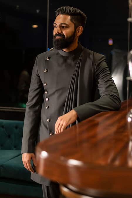 Decemberbyvivek Pleated Drape Attached Bandhgala Jacket & Pant Set 