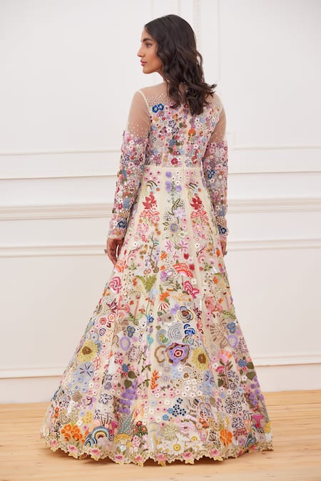 Shop_Rahul Mishra_Yellow Shell- Silk Embroidered Floral Round Heimat Hand Gown _at_Aza_Fashions