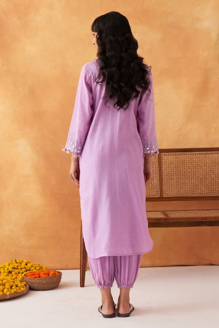 Shop Shipraa Grover Purple Chanderi, Cotton Embroidery Round Neck Noor Kurta And Pant Set at Aza Fashions Shop_Shipraa Grover_Purple Chanderi, Cotton Embroidery Round Neck Noor Kurta And Pant Set _at_Aza_Fashions