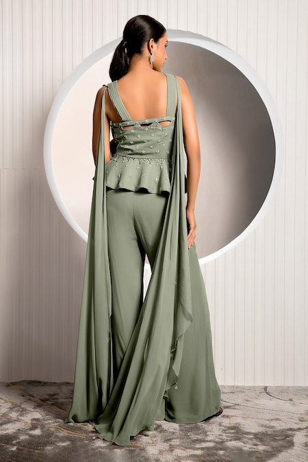 Buy Green Georgette Embroidery Bodice Draped Peplum Top And Flared