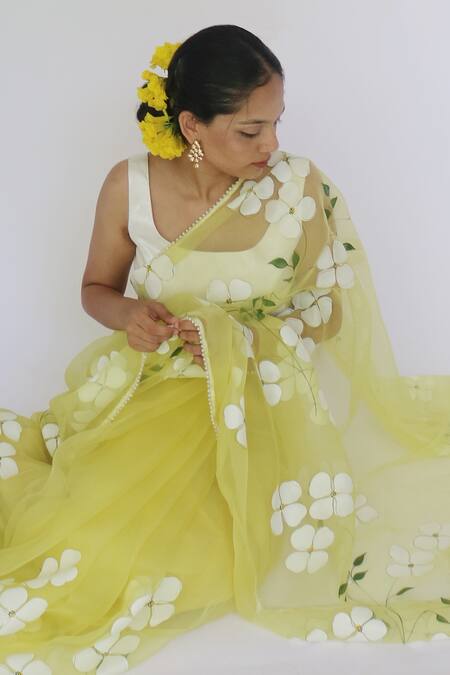 Shop Meghstudio Yellow Organza, Modal, Silk Pearls, Embroidery And Hand Painted Saree at Aza Fashions Shop_Meghstudio_Yellow Organza, Modal, Silk Pearls, Embroidery And Hand Painted Saree_at_Aza_Fashions