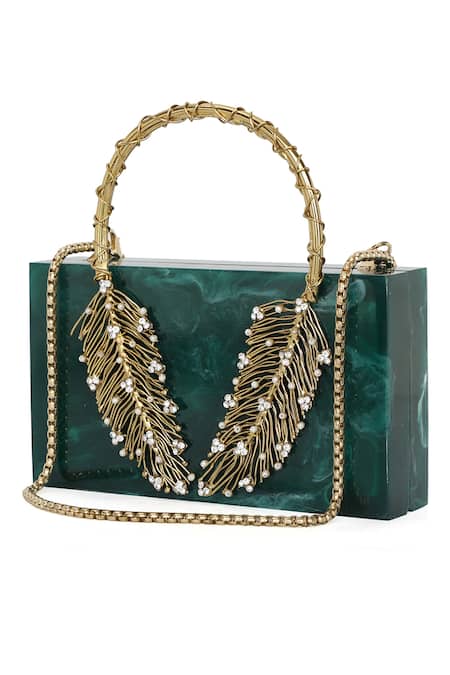 Shop_NR By Nidhi Rathi_Green Resin Feather Carved Clutch Bag_at_Aza_Fashions
