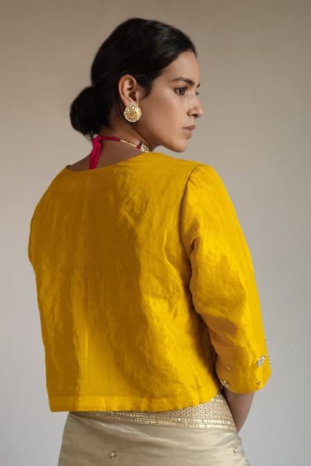 Shop Shorshe Clothing Yellow Handloom Cotton Pearls, Gota Patti V-neck Tissue Embroidered Blouse at Aza Fashions Shop_Shorshe Clothing_Yellow Handloom Cotton Pearls, Gota Patti V-neck Tissue Embroidered Blouse _at_Aza_Fashions