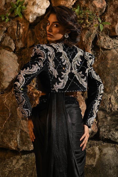 House of Exotique Velvet Embroidered Jacket Pre Draped Saree Set 