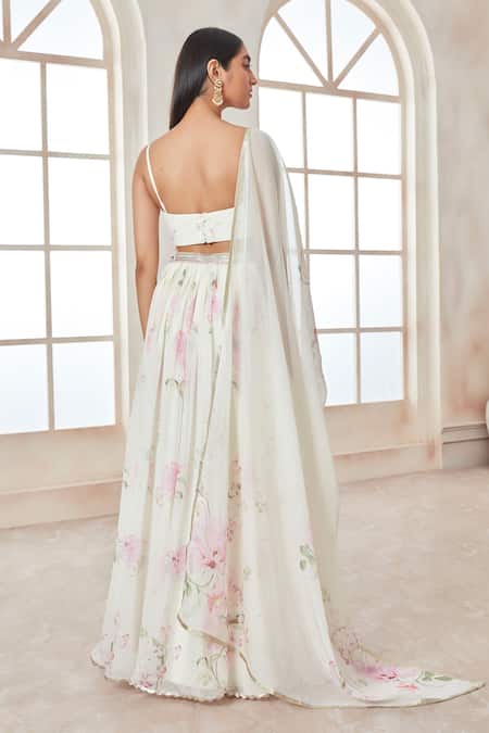 Shop Lashkaraa White Georgette, Satin Embroidery, Sequins, Stones, Floral Printed Lehenga Set at Aza Fashions Shop_Lashkaraa_White Georgette, Satin Embroidery, Sequins, Stones, Floral Printed Lehenga Set _at_Aza_Fashions