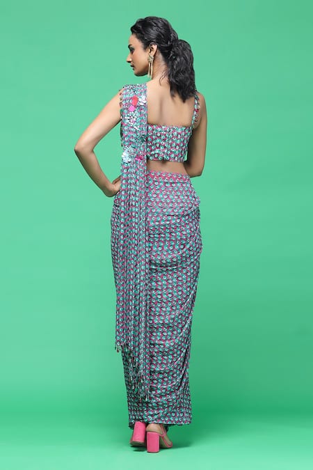 Shop Raasa Multi Color Crepe, Georgette Floral Pattern Pre-draped Saree With Blouse at Aza Fashions Shop_Raasa_Multi Color Crepe, Georgette Floral Pattern Pre-draped Saree With Blouse _at_Aza_Fashions