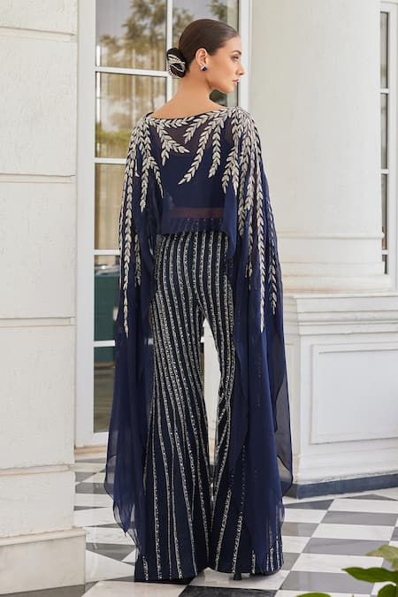 Charu And Vasundhara Sabuhi Leaf Embroidered Poncho & Flared Pant Set 