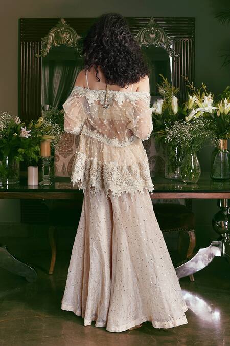 Shop Kisneel By Pam Beige Organza Sequins V-, Open Embroidered Jacket Pant Set at Aza Fashions Shop_Kisneel By Pam_Beige Organza Sequins V-, Open Embroidered Jacket Pant Set_at_Aza_Fashions