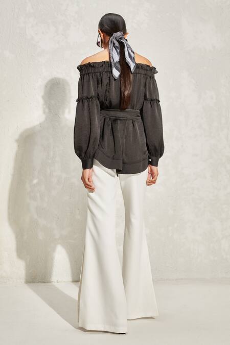 Shop Namrata Joshipura Black Georgette Hand Embellished Floral Pearl Off Shoulder Top at Aza Fashions Shop_Namrata Joshipura_Black Georgette Hand Embellished Floral Pearl Off Shoulder Top _at_Aza_Fashions