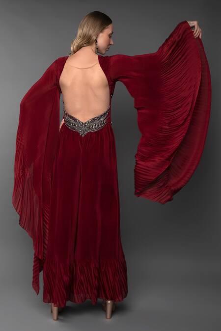 Shop_Anjum Qureshi_Maroon Pleated Embroidery Cutdana Plunge V Neck Waterfall Sleeve Jumpsuit _at_Aza_Fashions