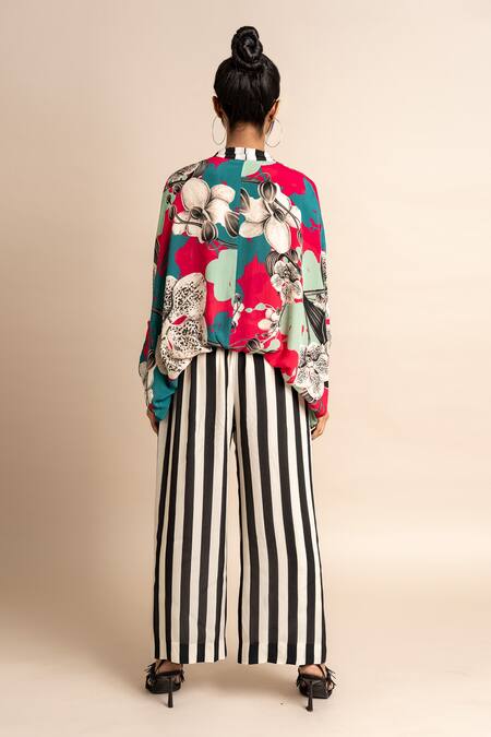 Shop_Nupur Kanoi_Magenta Crepe Digital Print Striped And Floral Balloon Top & Pyjama Set  _at_Aza_Fashions