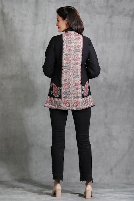 Shop Dusala Black Pashmina Thread Band Collar Handwoven Vintage Jacket at Aza Fashions Shop_Dusala_Black Pashmina Thread Band Collar Handwoven Vintage Jacket _at_Aza_Fashions