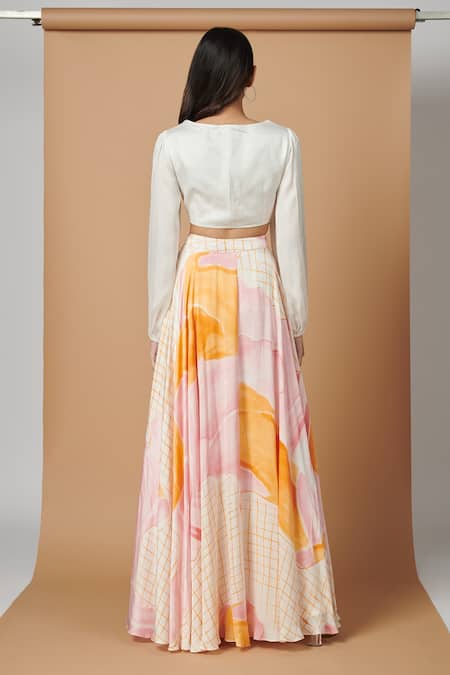 Shop Vedika M Pink Satin Abstract Pattern V Neck Print Skirt And Top Set at Aza Fashions Shop_Vedika M_Pink Satin Abstract Pattern V Neck Print Skirt And Top Set _at_Aza_Fashions