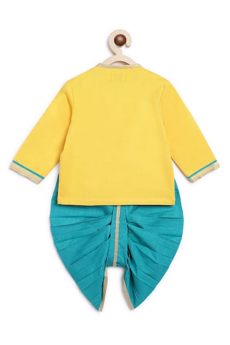 Shop Tiber Taber Yellow Cotton Embroidery Krishna Straight Kurta And Dhoti Set at Aza Fashions Shop_Tiber Taber_Yellow Cotton Embroidery Krishna Straight Kurta And Dhoti Set _at_Aza_Fashions