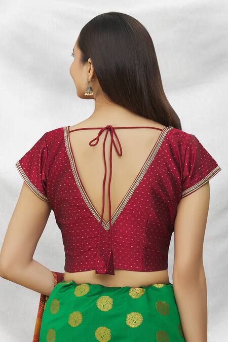 Shop_Samyukta Singhania_Maroon Silk Embroidery V-neck Cutout Blouse_at_Aza_Fashions