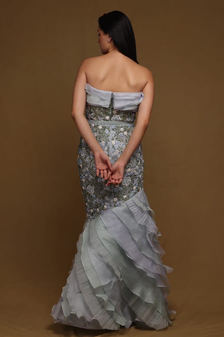 Shop_Shriya Som_Blue Organza, Tulle Stones Square Neck Embroidered Fish-cut Gown _at_Aza_Fashions