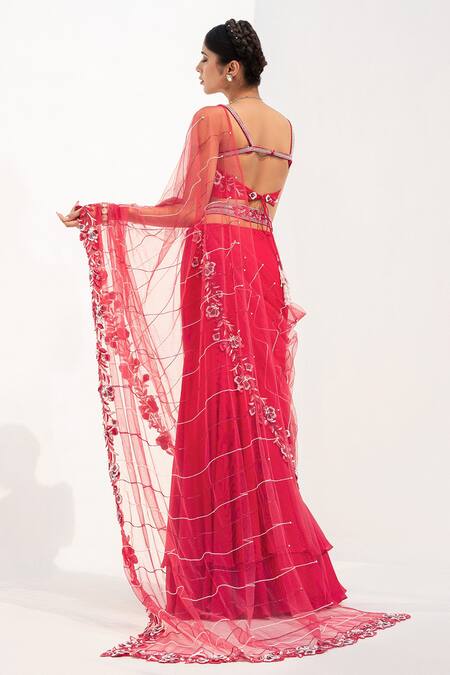 Shop Nayna Kapoor Red Georgette, Organza Cut Work, Pre-draped Floral Embroidered Saree With Blouse at Aza Fashions Shop_Nayna Kapoor_Red Georgette, Organza Cut Work, Pre-draped Floral Embroidered Saree With Blouse_at_Aza_Fashions