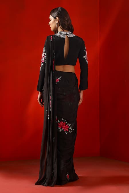 Isha Gupta Tayal Pre-Stitched Magnolia Print Saree With Embroidered Blouse 