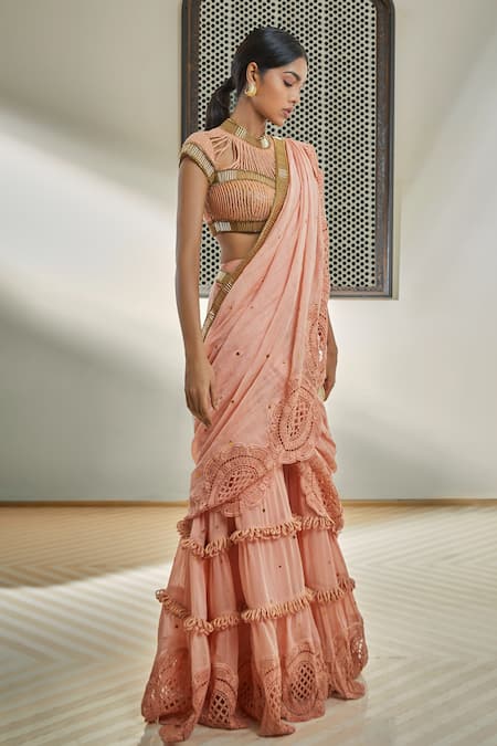 Shop Surily G Pink Chanderi Embroidery Pre-draped Floral Crochet Saree at Aza Fashions Shop_Surily G_Pink Chanderi Embroidery Pre-draped Floral Crochet Saree _at_Aza_Fashions