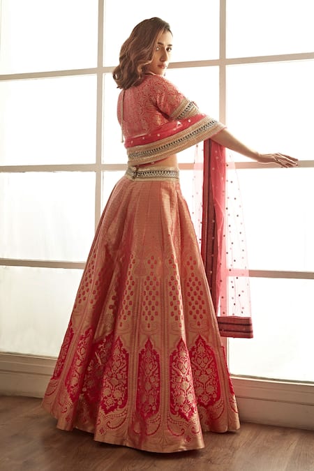 Shop Studio Iris India Pink Silk, Net, Brocade Embroidery Plunge Neck Gulaal Banarasi Lehenga Set at Aza Fashions Shop_Studio Iris India_Pink Silk, Net, Brocade Embroidery Plunge Neck Gulaal Banarasi Lehenga Set _at_Aza_Fashions