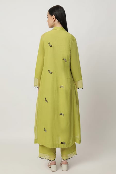 Shop Musal Green Cotton, Linen, Kota Doria Embroidery V-neck Tracey Leaf Kurta Pant Set at Aza Fashions Shop_Musal_Green Cotton, Linen, Kota Doria Embroidery V-neck Tracey Leaf Kurta Pant Set_at_Aza_Fashions
