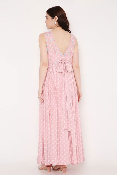 Shop Bha Sha Pink Muslin Beads, Sequins Scoop Neck Vama Bandhani Print Dress at Aza Fashions Shop_Bha Sha_Pink Muslin Beads, Sequins Scoop Neck Vama Bandhani Print Dress _at_Aza_Fashions